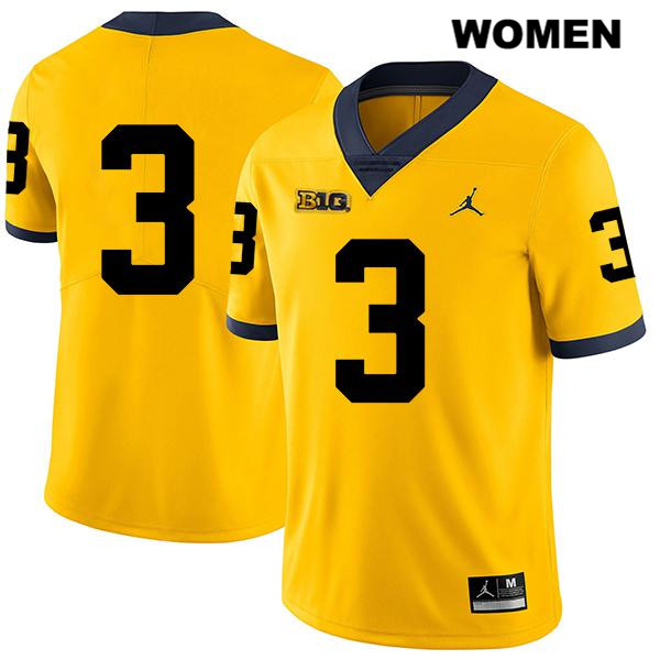 Women's NCAA Michigan Wolverines Christian Turner #3 No Name Yellow Jordan Brand Authentic Stitched Legend Football College Jersey SS25P13BC